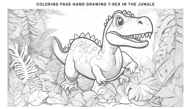 Premium vector coloring page hand drawing dinosaur trex in the jungle