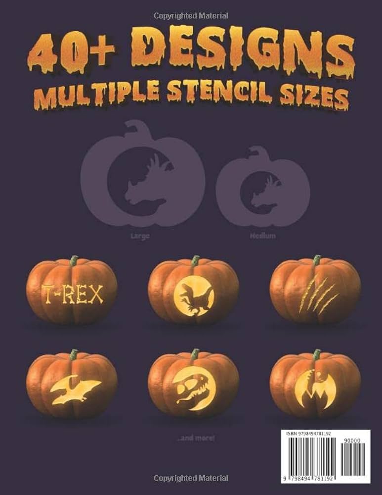 Dinosaur pumpkin rving stencils over roarsome simple and easy to use halloween dinosaur pumpkin designs includes stencils for large and medium size pumpkins publishing creative spook books