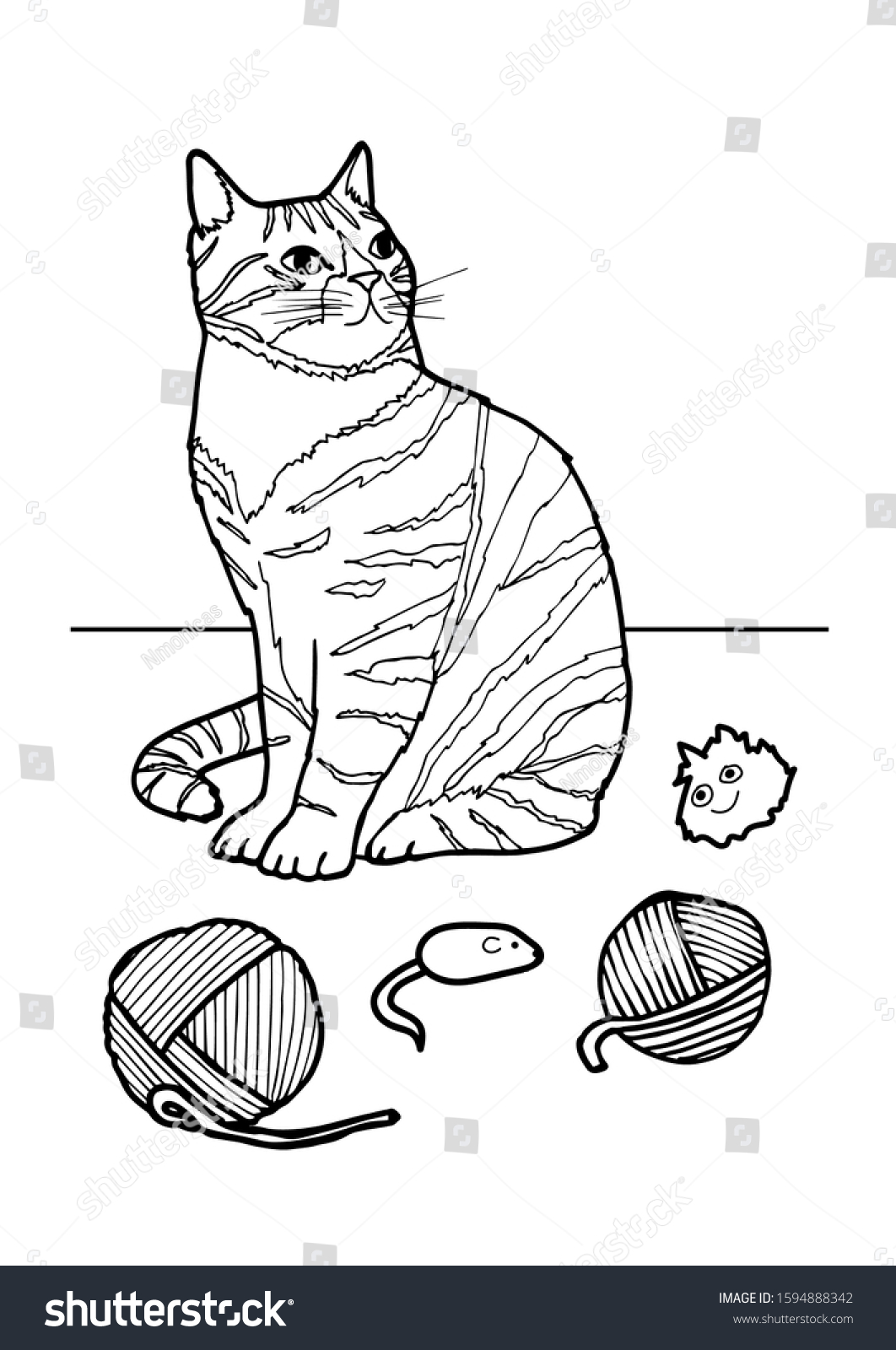 Coloring page cat toys stock illustration