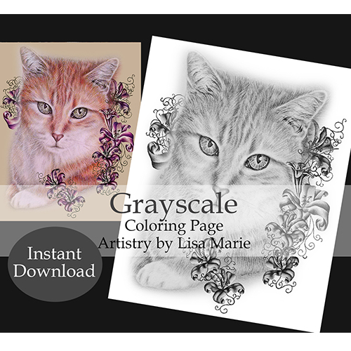 Tabby cat sitting with lilies grayscale printable coloring book page â artistry by lisa marie