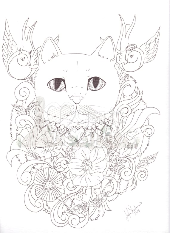 Coloring page download tabby cat angel devil cat tattoo style fancy cat art big eyes fantasy cat art flowers and birds cat download now