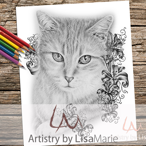 Tabby cat sitting with lilies grayscale printable coloring book page â artistry by lisa marie