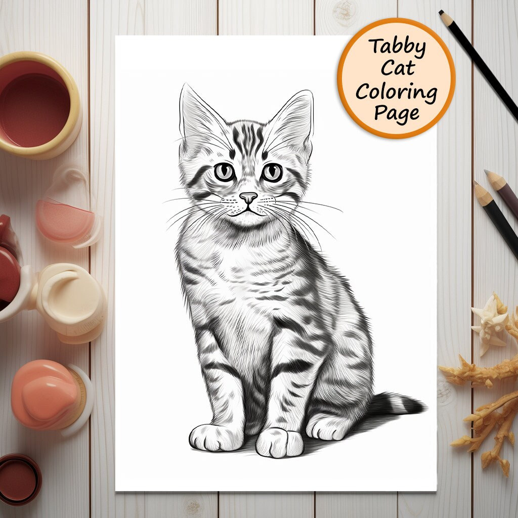 Tabby cat cat portrait cat coloring page printable coloring page coloring for adults and kids png instant download mercial use download now