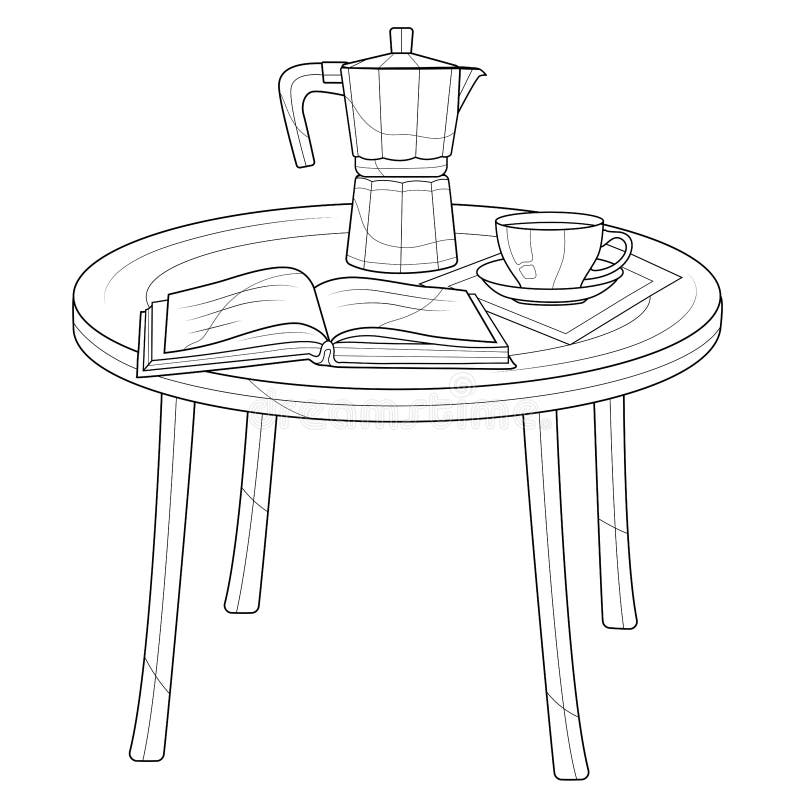 Coffee maker cup of coffee and book on the tablecoloring book antistress for children and adults stock vector