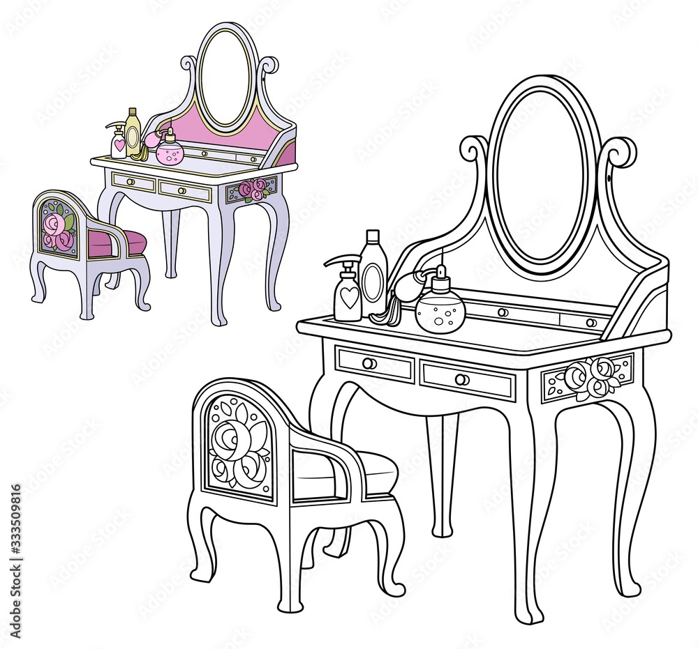 Baroque dressing table and small chair outlined and color for coloring book vector