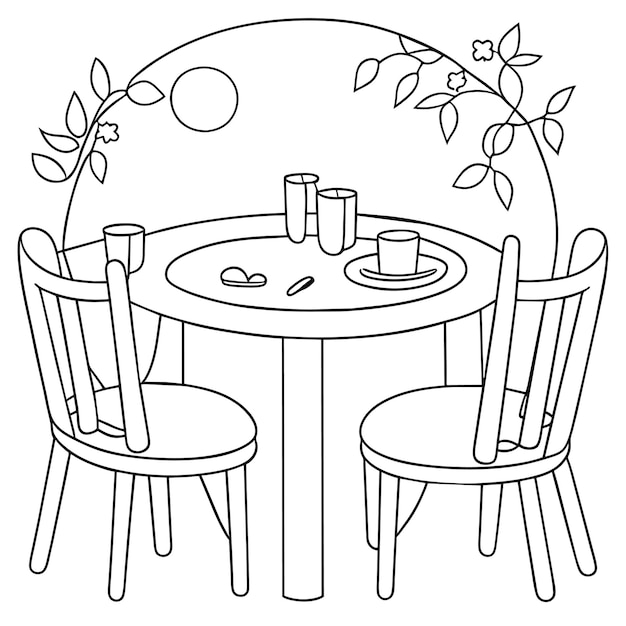 Premium vector coloring page table and chair furniture and room interior