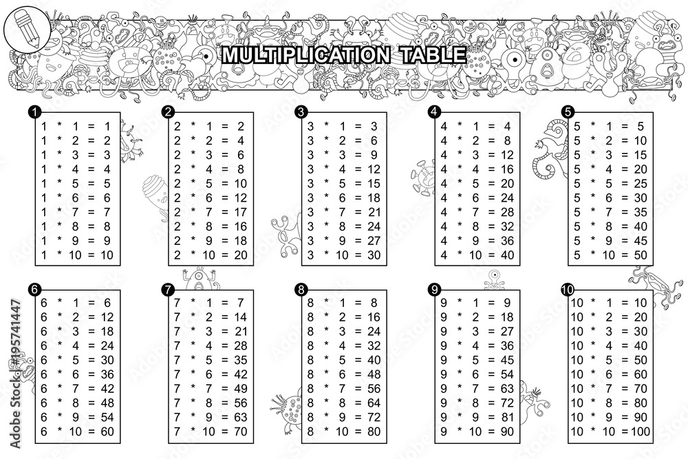 Kids multiplication table with cute monsters vector cartoon illustration of a template design for a coloring book page vector