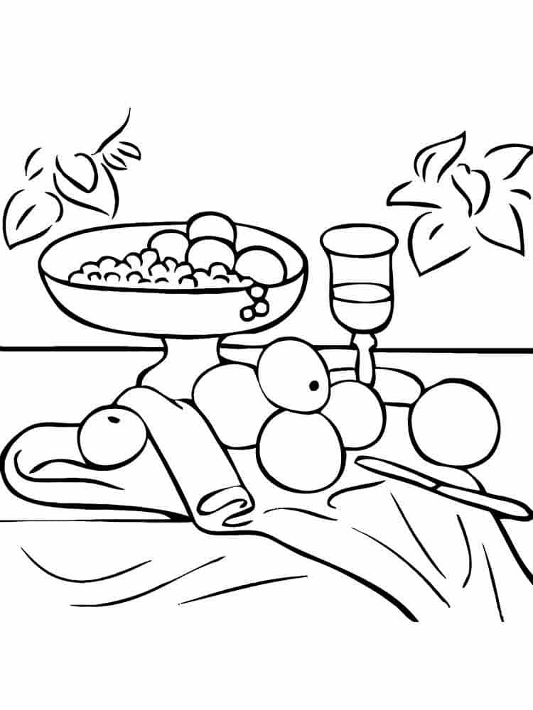 Variety of fruits on a table coloring page