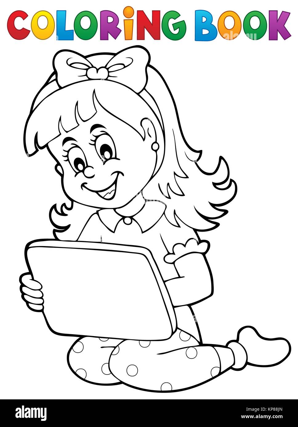 Coloring book girl playing with tablet stock photo