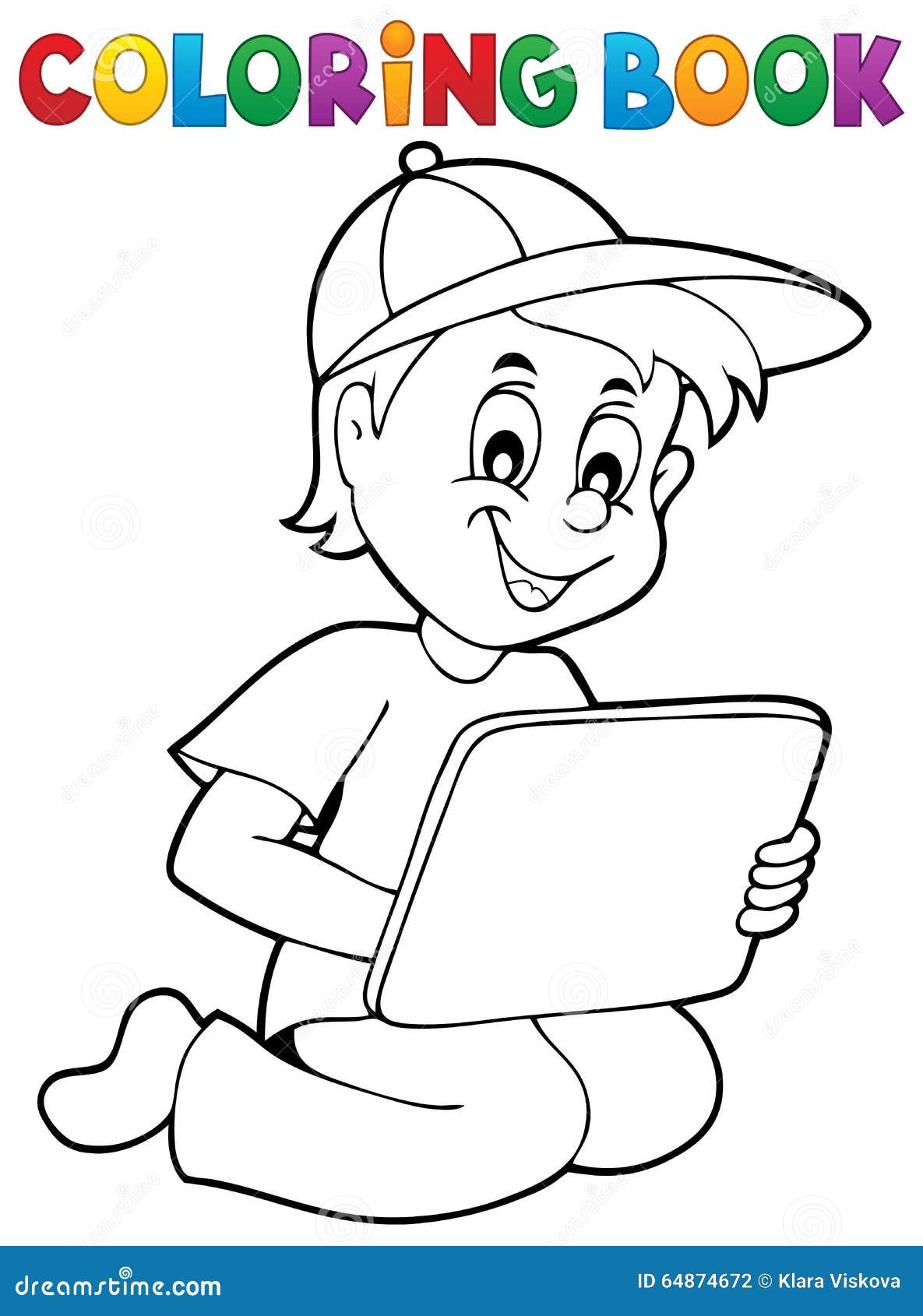 Coloring book boy playing with tablet stock vector