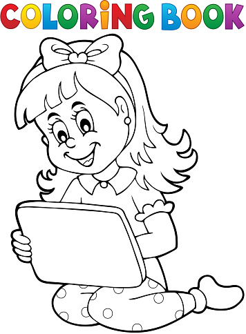 Coloring book girl playing with tablet stock illustration