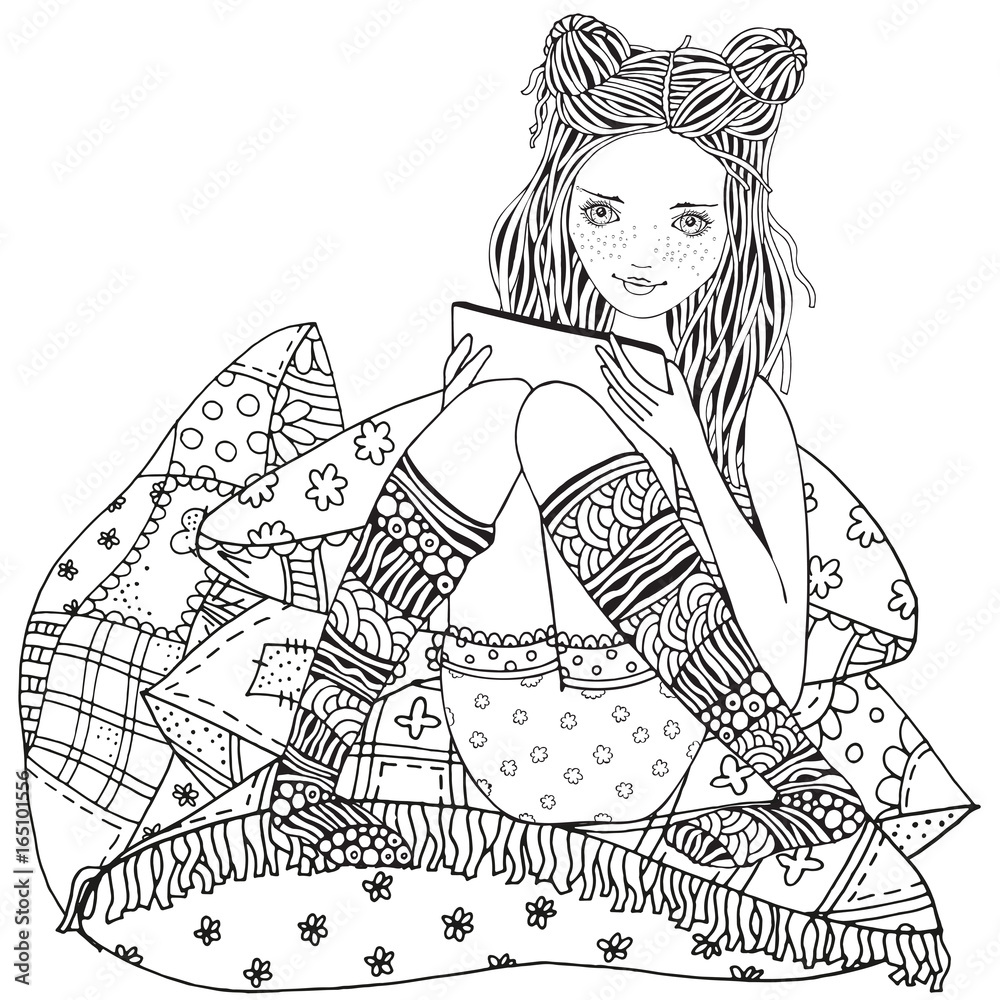 A girl is sitting and reading using a tablet laptop and mobile phone adult coloring book page zentangle style black and white vector
