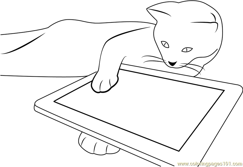 Cat is playing with tab coloring page for kids