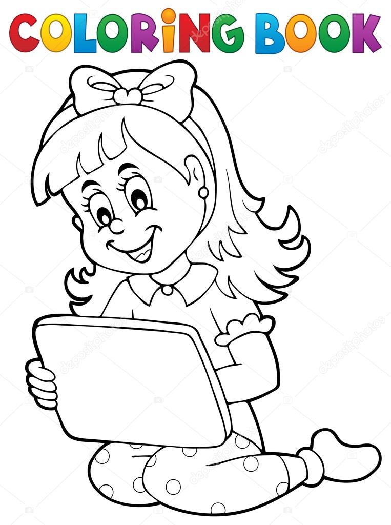 Coloring book girl playing with tablet stock vector by clairev