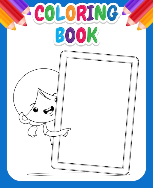 Premium vector coloring book for kids cute girl peeking behind blank phone tablet