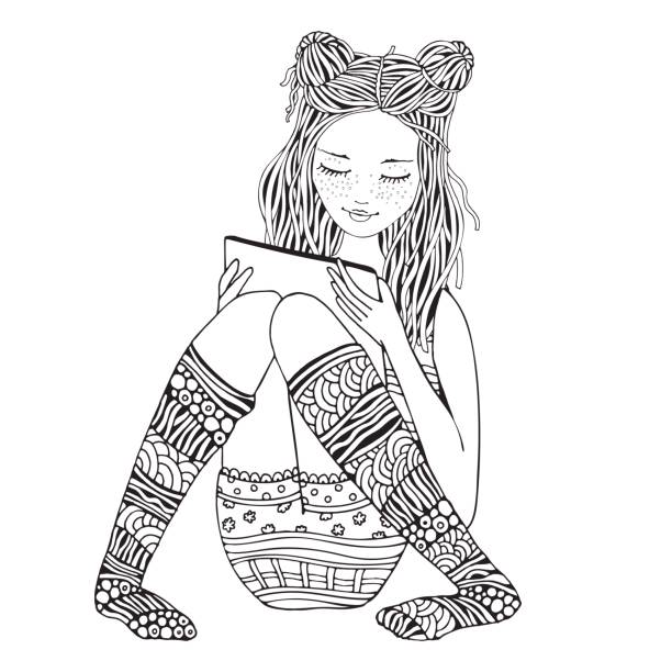 A girl is sitting and reading using a tablet laptop and mobile phone adult coloring book page doodle style black and white stock illustration