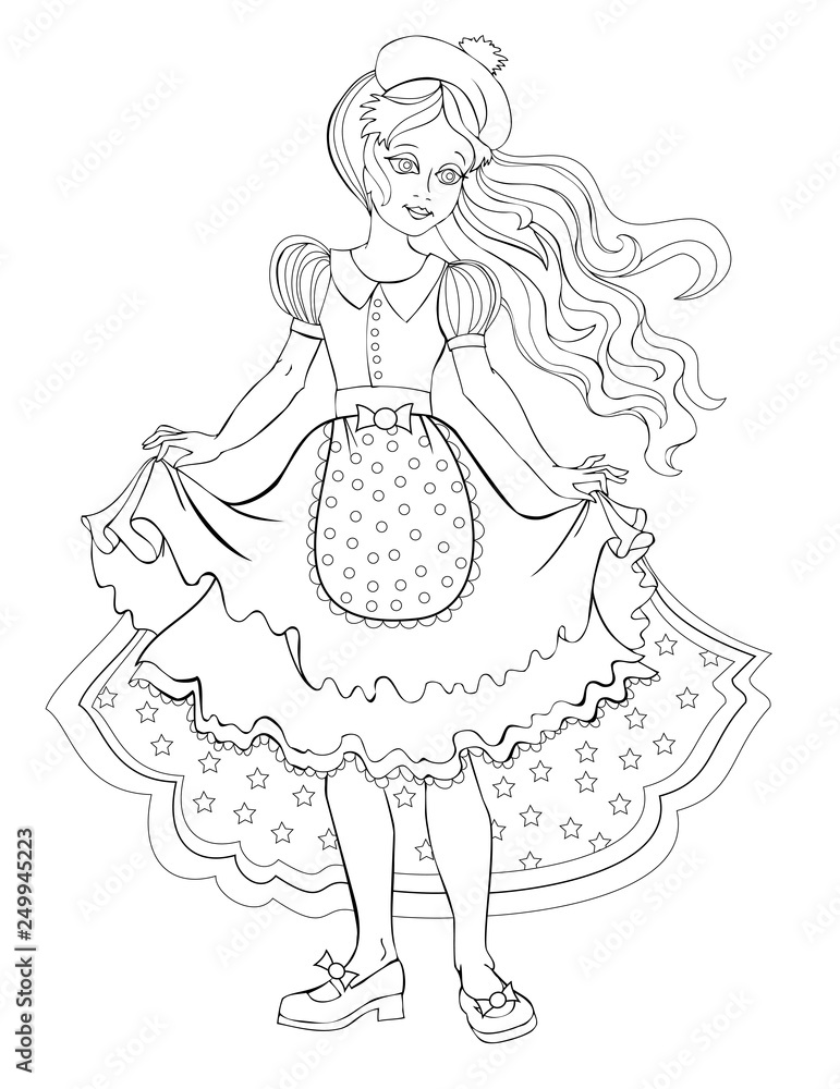 Black and white page for coloring book fantasy drawing of beautiful girl worksheet for children and adults hand