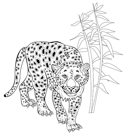 Stylized leopard in jungle black and white page for coloring book hand