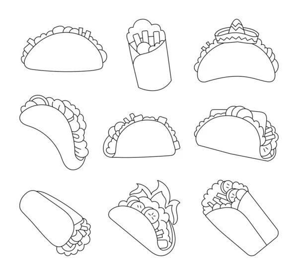 Tasty taco burrito coloring page mexican fast food vector drawing stock vector by palau