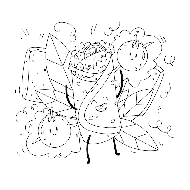 Premium vector happy character food taco mexican fast food coloring page spicy ingredients vector illustration