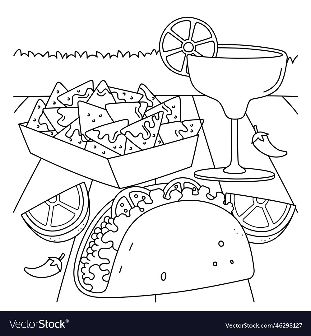 Cinco de mayo taco nachos margarita coloring page vector image