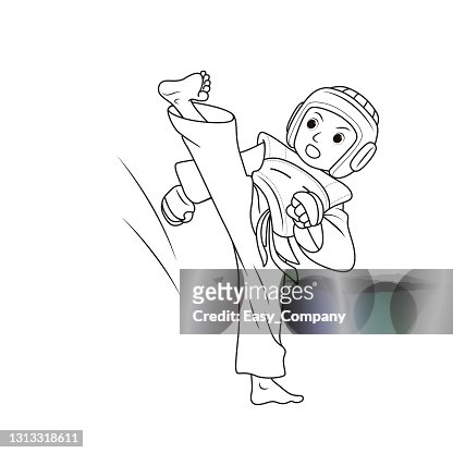 Vector illustration of young adult taekwondo athlete training leg kicking over head isolated on white background kids coloring page drawing art first word flash card color cartoon character clipart high