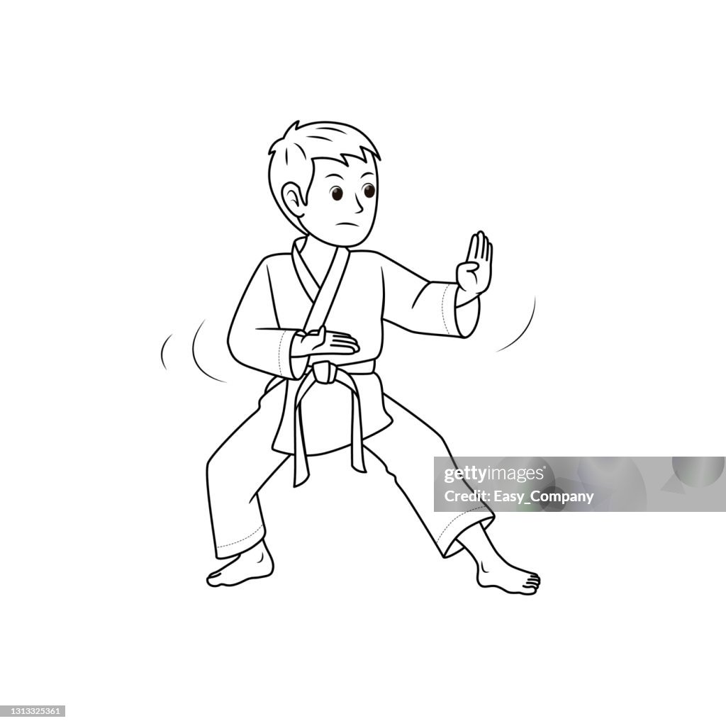 Vector illustration of japanese martial arts karate athletes posing isolated on white background kids coloring page drawing art first word flash card color cartoon character clipart high