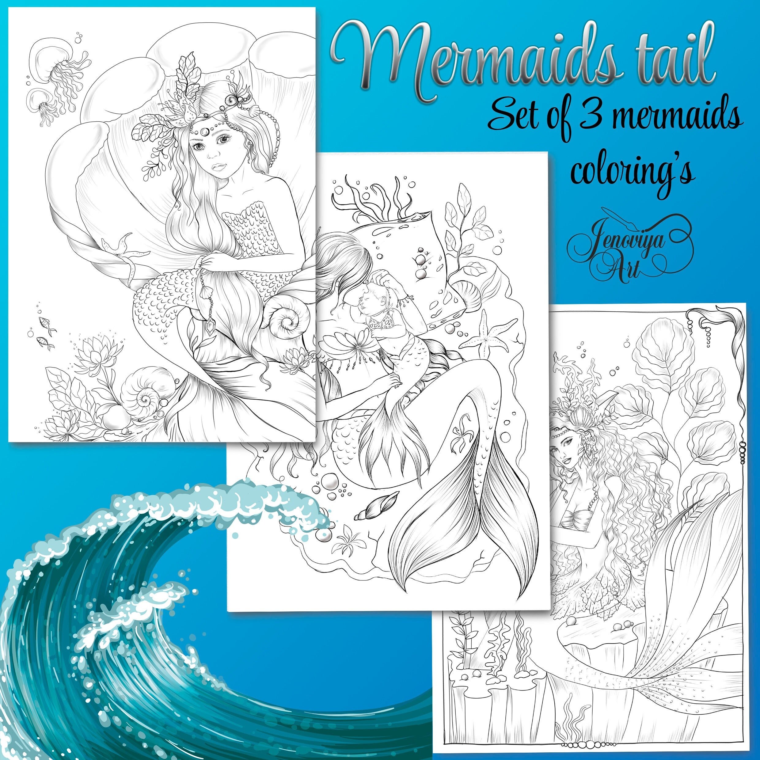 Mermaid tail set of coloring page printable coloring adult coloring page coloring pdf