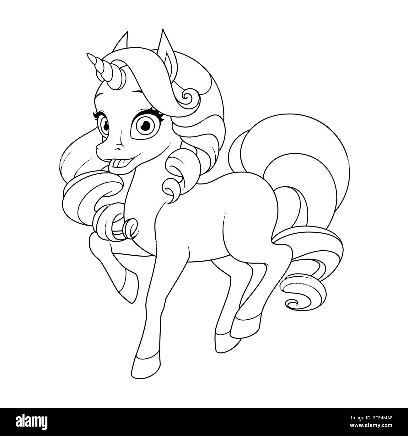 Cute baby unicorn with curly mane and tail coloring page vector illustration stock vector image art