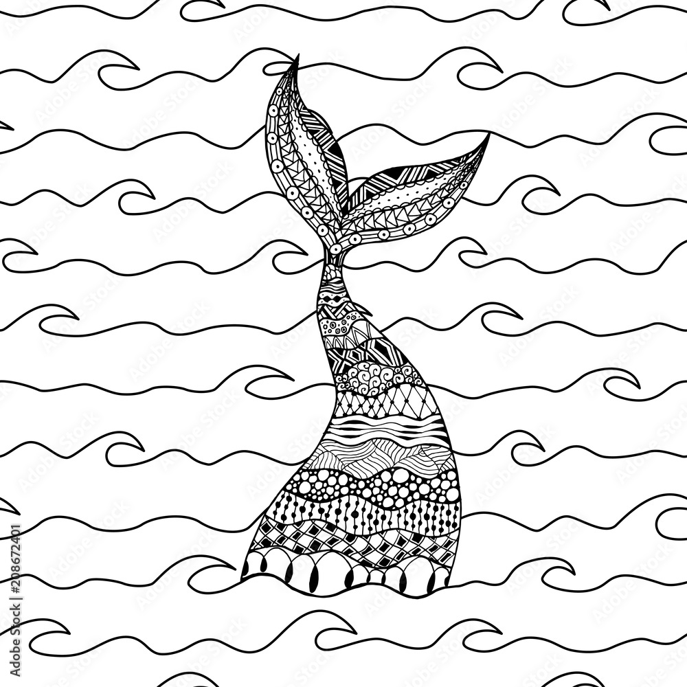 Vector seamless pattern of line sea waves with doodle mermaid tail coloring page book for adult vector