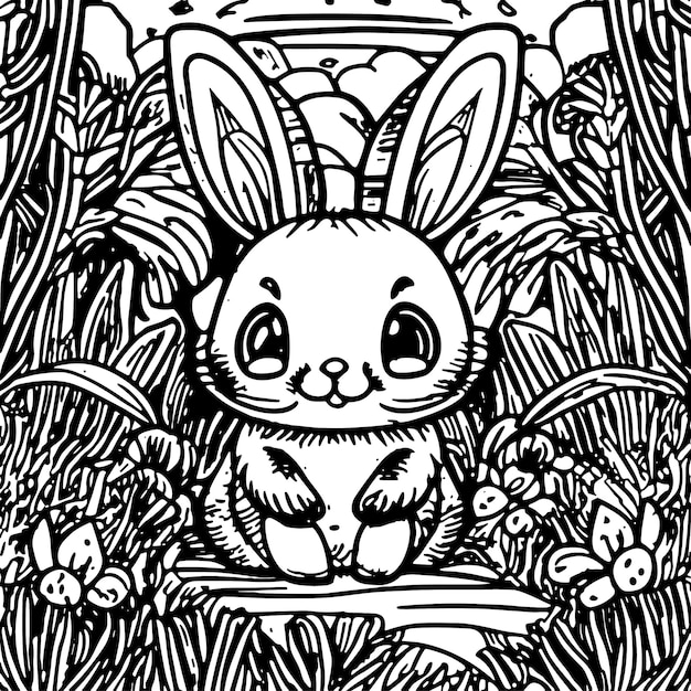 Premium vector delightful bunny in the garden hopping with long ears and fluffy tail coloring fun for kids