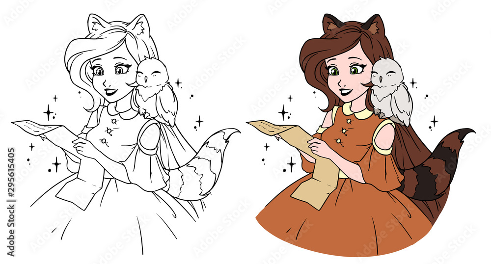Pretty cartoon girl with adorable owl girl with raccoon ears and tail reading the letter hand drawn vector illustration can be used for coloring book tattoo sticker card t shirt design