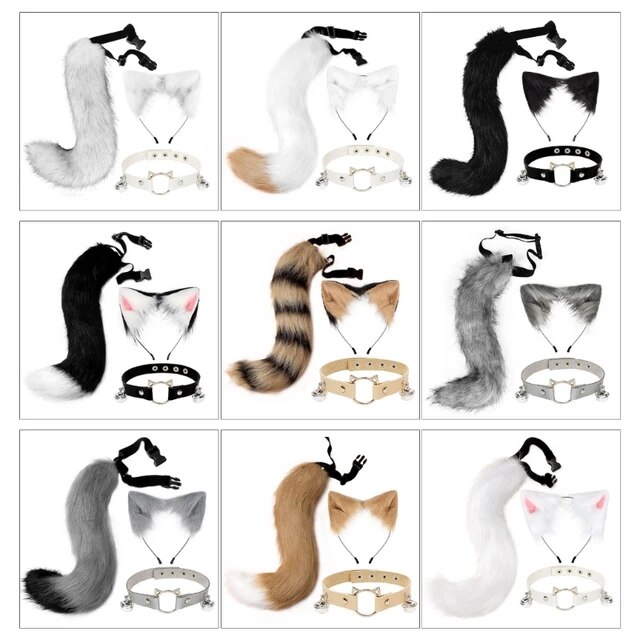 Furry animal ear headband bell leather choker tail et for cat ear hair hoop coplay party photo prop hed