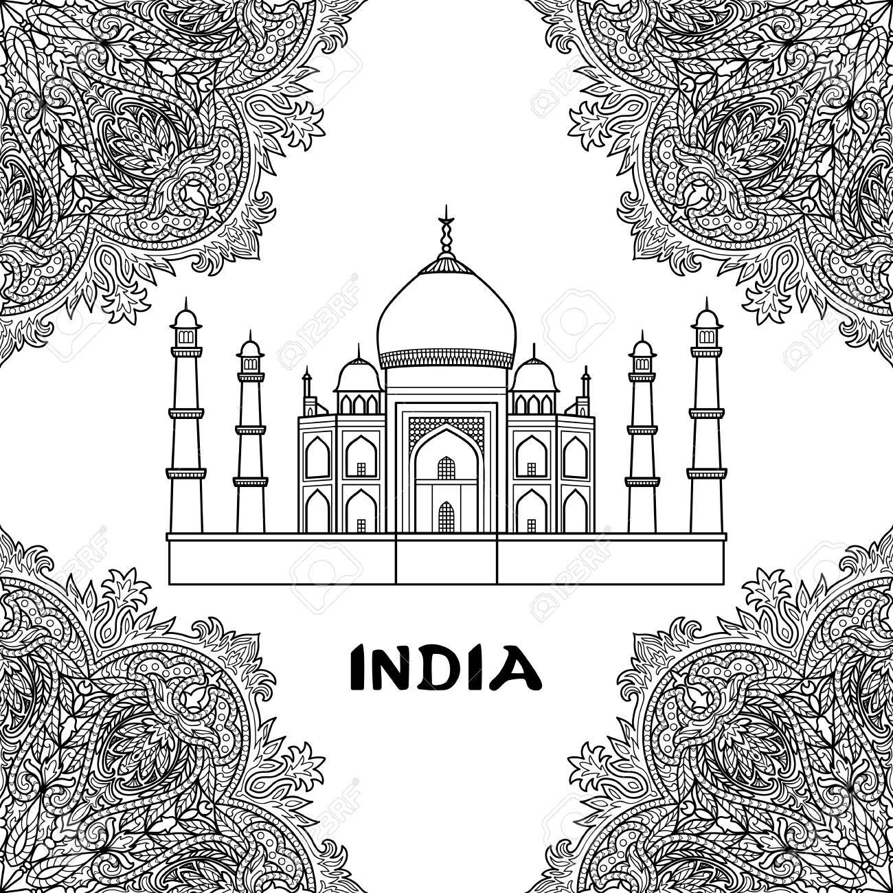 India pattern with taj mahal on floral mandala frame black and white coloring page royalty free svg cliparts vectors and stock illustration image