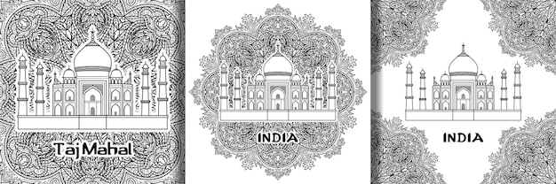 Premium vector india pattern with taj mahal on floral mandala background prints set