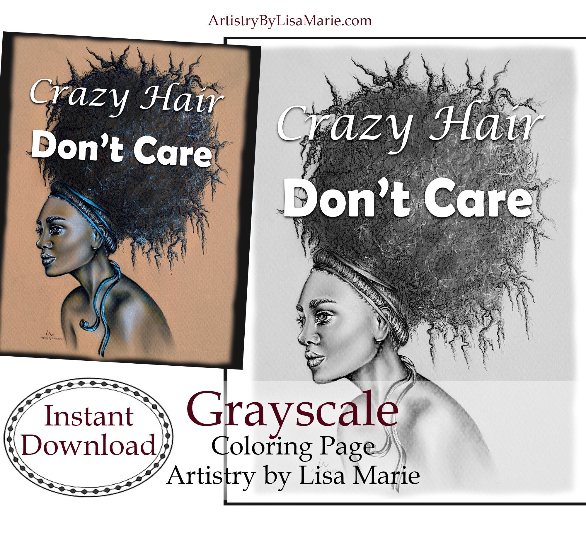 Crazy hair dont care inspiring quote to color empowering women grayscale coloring pages instant download adult coloring