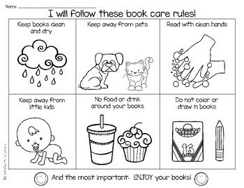 Book care rules coloring page and bookmarks by staying cool in the library