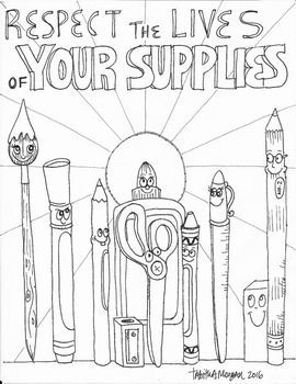 Handout that reminds students to take care of their art supplies coloring page