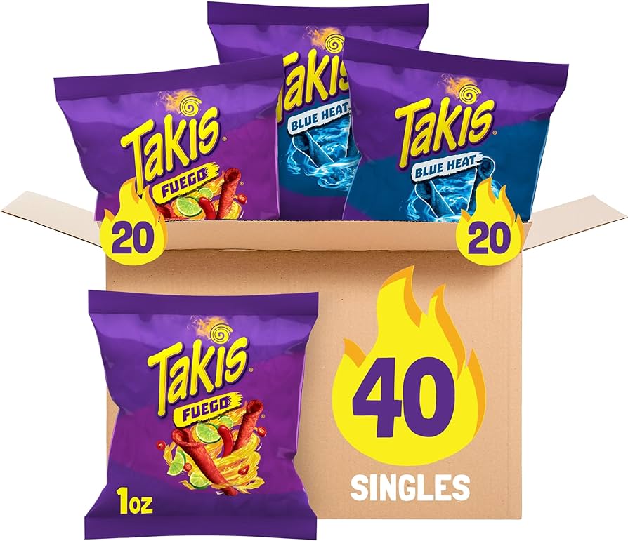 Takis fuego and blue heat rolled spicy tortilla chips hot chili pepper lime and hot chili pepper flavored chips variety pack individual bags ounce each