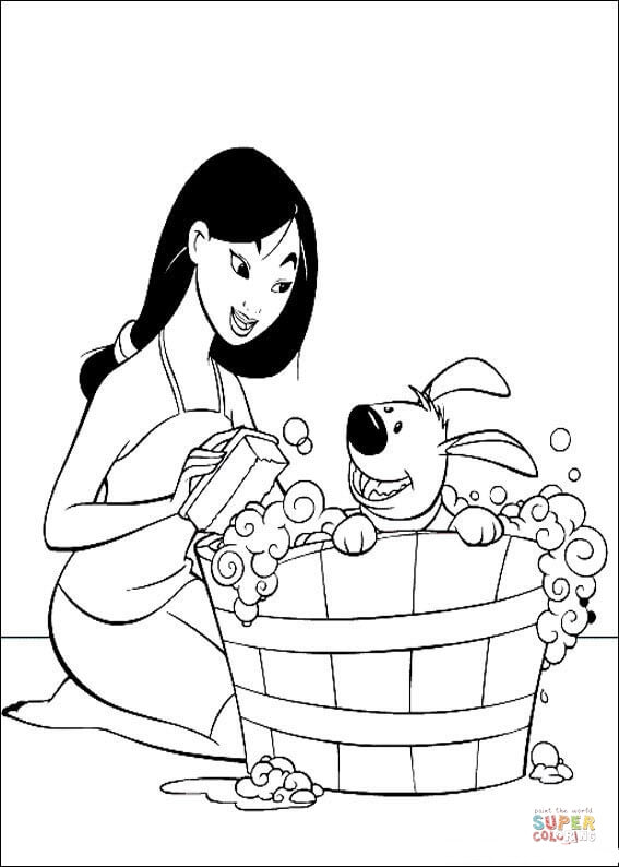Fa mulan is cleaning her pet coloring page free printable coloring pages