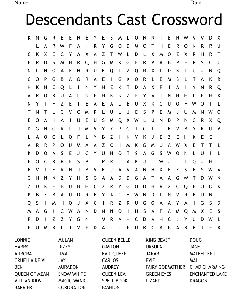 Descendants cast crossword word search