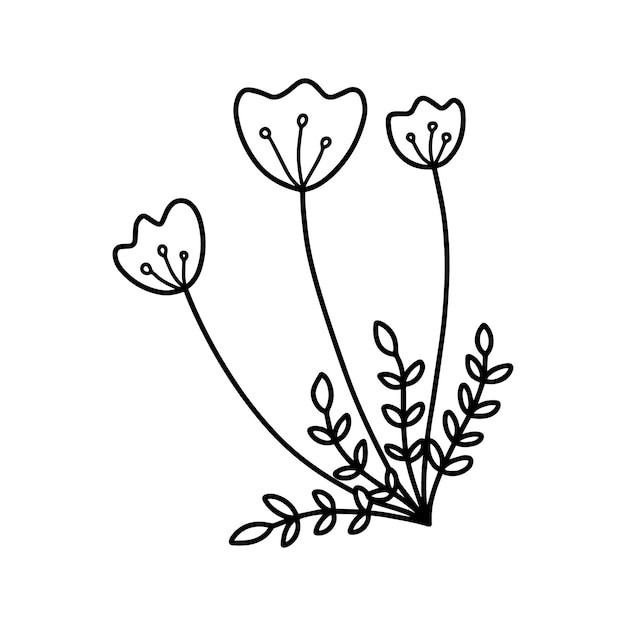 Capullos de flor en el tallo con hojas planta naturaleza doodle dibujos animados para colorear libro lineal vector premium