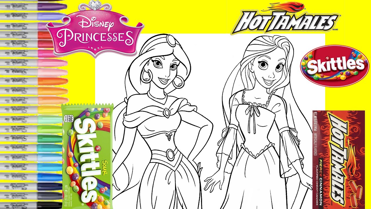 Disney princess makeover as candy sweets sour skittles and hot tamales coloring book pages