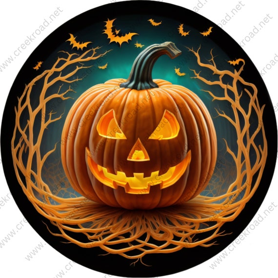 Pumpkin orange vines bats wreath sign