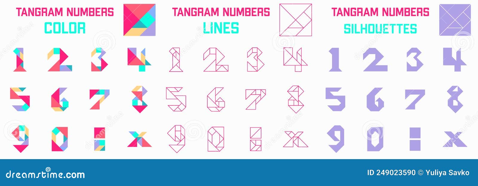 Tangram puzzle game schemas with different numbers stock vector