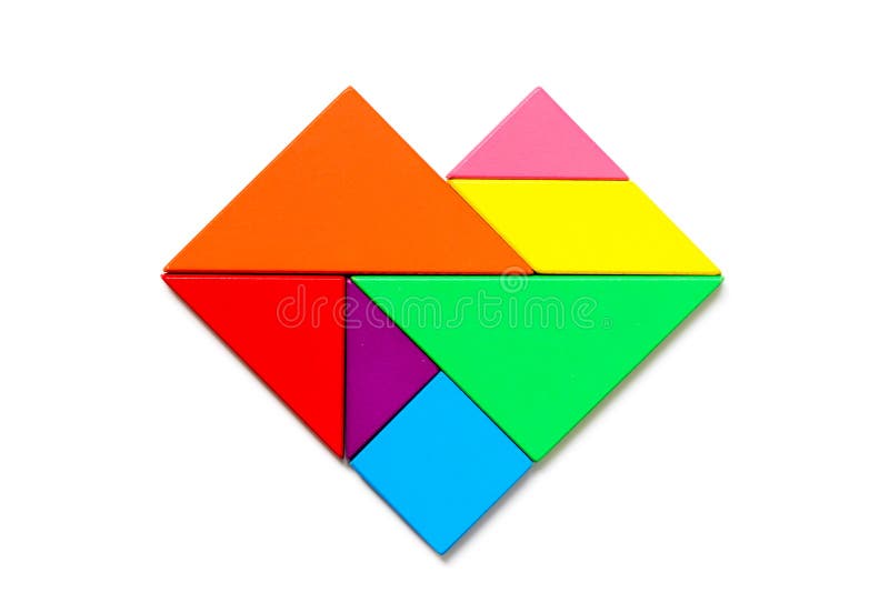 Color wood tangram puzzle in heart shape on white background stock image