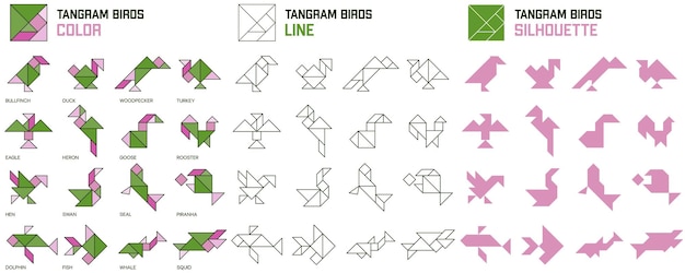Premium vector tangram puzzle set of tangram birds and fish color line and silhouette jigsaw for kids