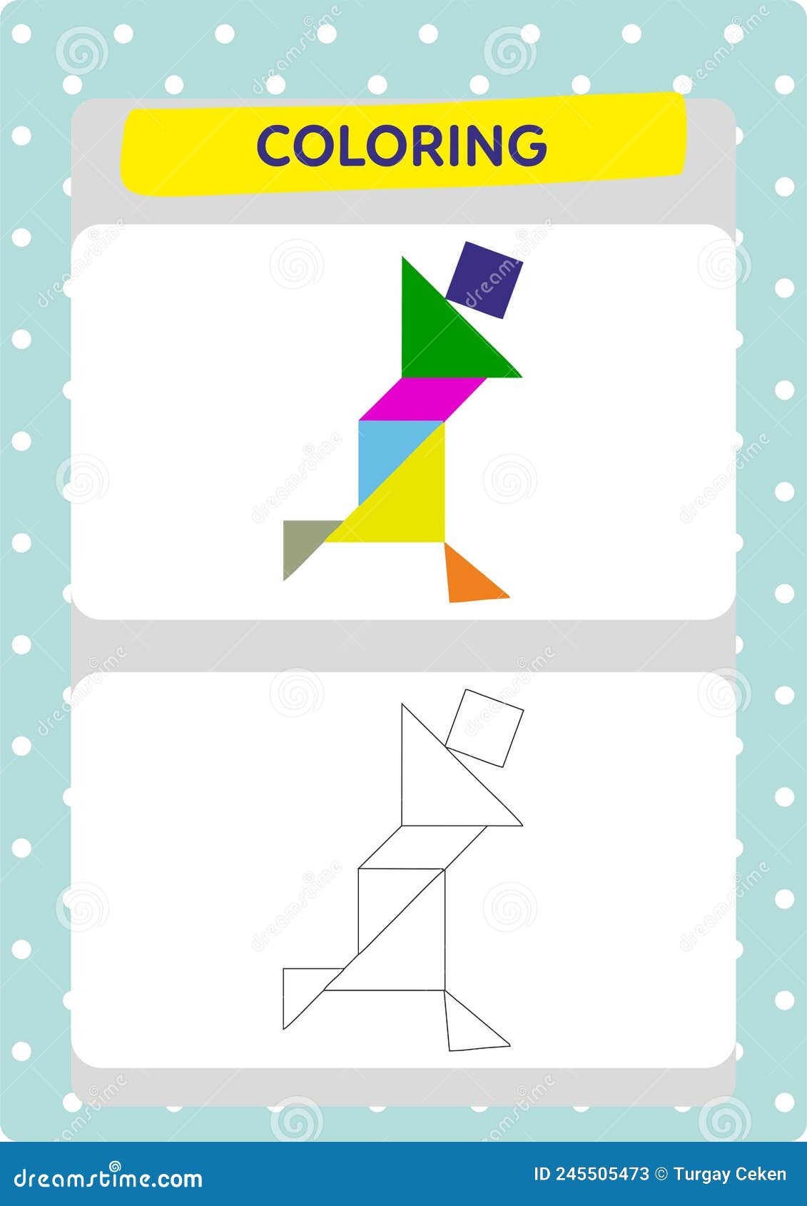 Animals and tangrams coloring page for kids stock vector
