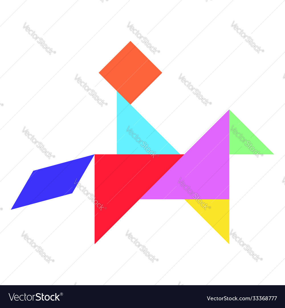 Color tangram in man riding on horse shape vector image