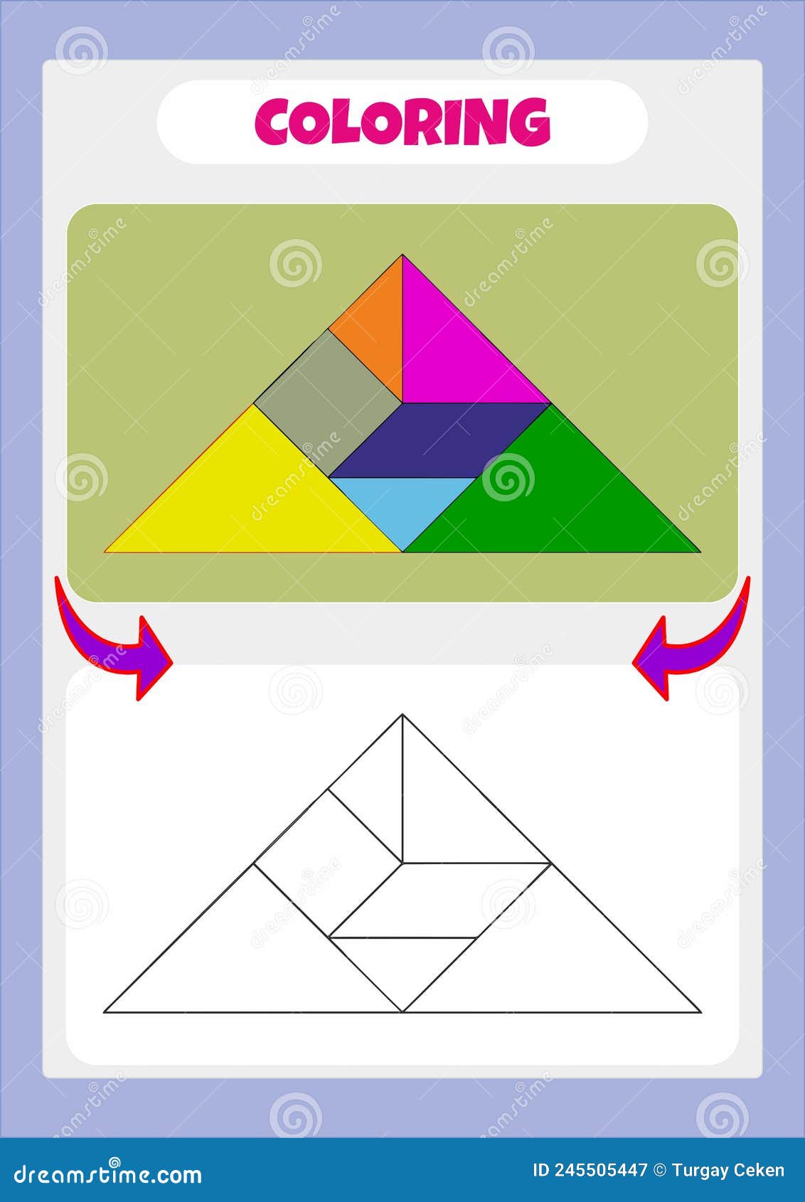 Animals and tangrams coloring page for kids stock vector